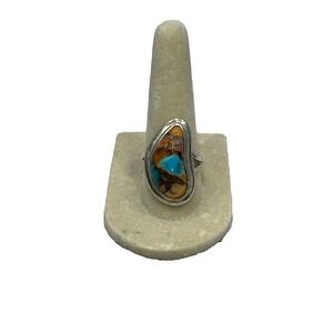 BBJ 925 Sterling Silver Spiny Oyster Turquoise Inlay Artisan Statement Ring 7.75